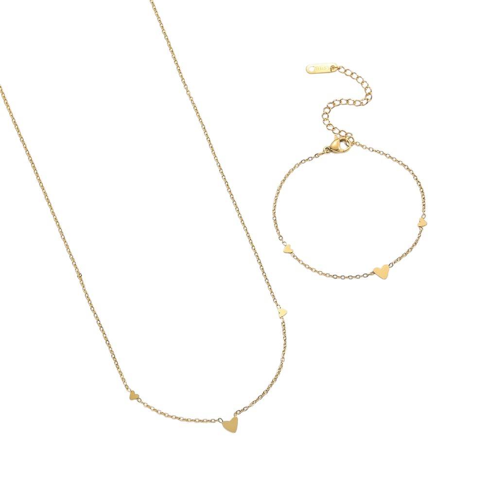 18K Gold Plated Waterproof Anti-Tarnish Heart Chain Necklace And Bracelet Set : ALS0725NB17C2