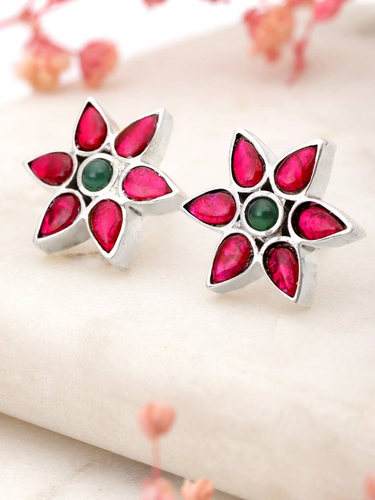 92.5 Silver Red Kundan Flower Earrings : U100SG006MY053