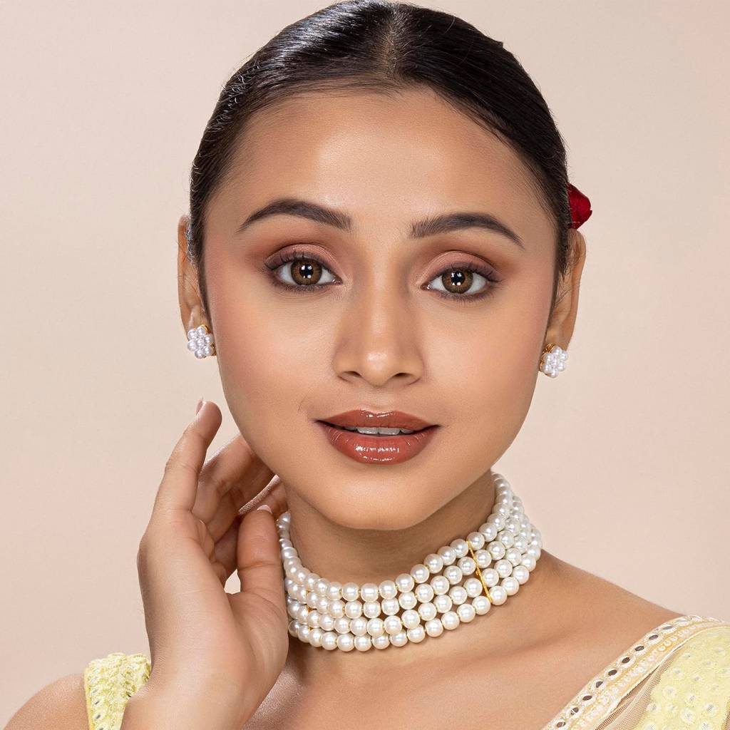 Peora Gold Plated Pearl Beaded Choker Necklace With Stud Earrings For Women Traditional Stylish Jewellery Set (Bl : PF26N1402W