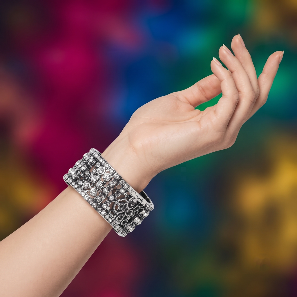Silver Plated Alloy Antique Stone Openable Bangle Bracelet : SHBOMBR0456