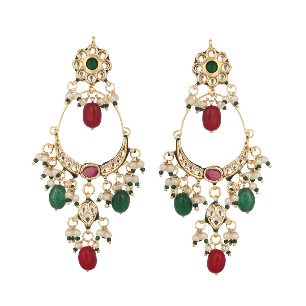 22K Gold Plated Crescent Kundan Drop Stone Chandbali Earrings : YI24A0465E