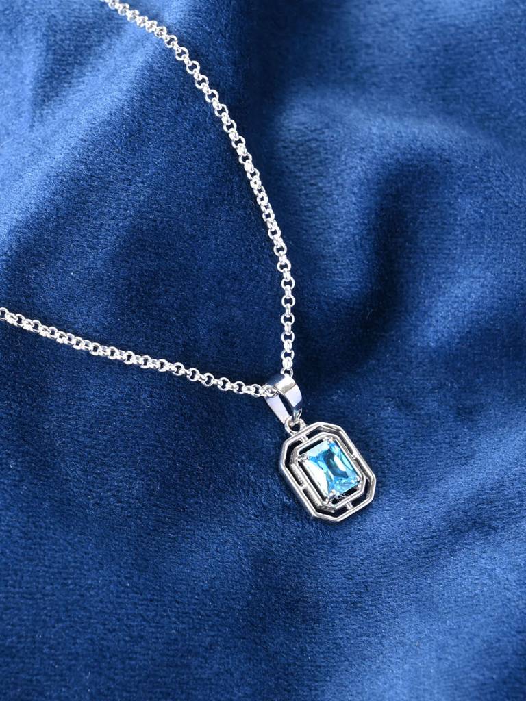 925 Silver Platinum Plated Swiss Zircon Blue Solitaire Men Pendant Necklace  With Chain Gift For Men Boys Sterling Silver Silver