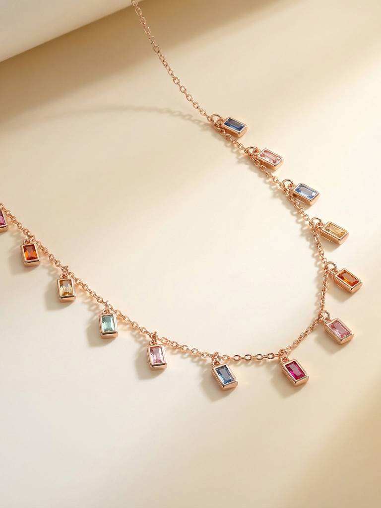 925 Silver Necklace With Multicolor Baguette Cubic Zirconia Drops. A Refined Silver Necklace For Women Designed To  : DXNC1909