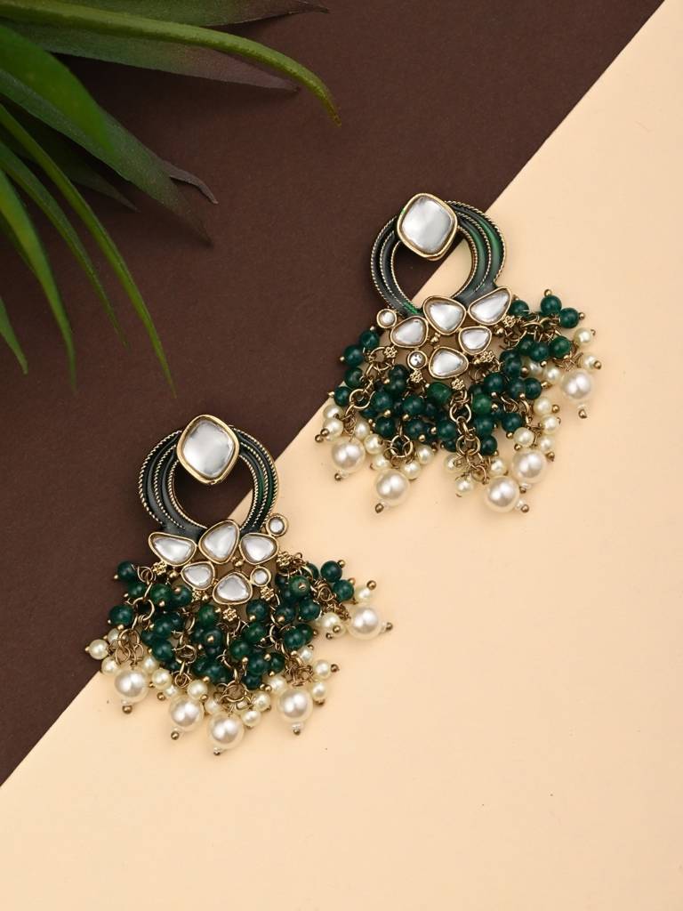 Gold-Plated Meenakari Stud Earrings With Kundan & Pearl Cluster Drops : S24FAER408GRN