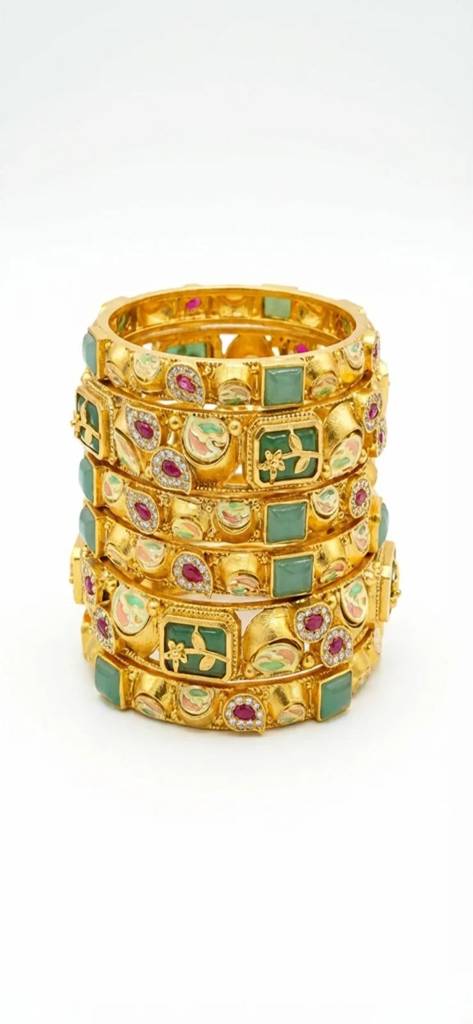 Gold-Tone Rajwadi Bangles With Green Stones & Ruby Accents : BV-BG-23-24