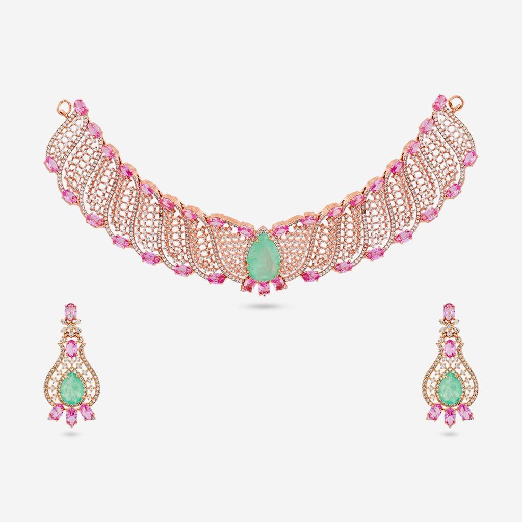Pink-Mint Rose Gold Plated - Party Wear Zircon Necklace - 462142 : 462142