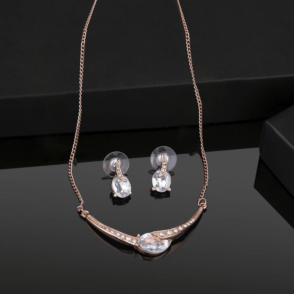 Estele Rose Gold Plated Magnificent Necklace Set With Crystals For Women