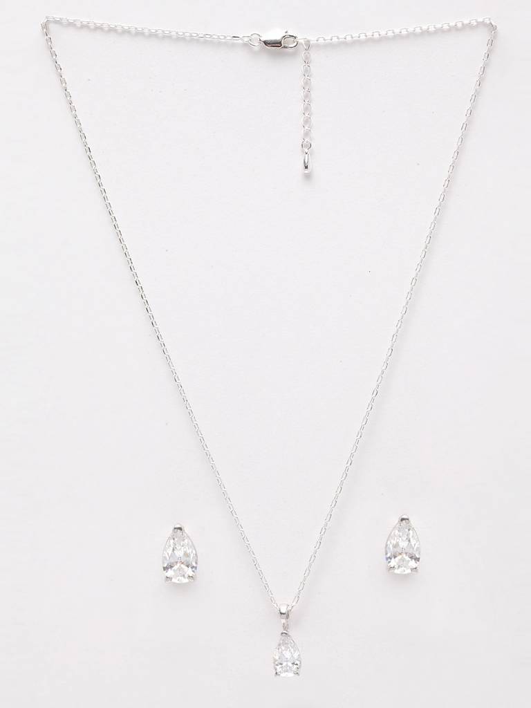925 Sterling Silver Rhodium Plated Pear Pendant Earring Necklace Set With Chain Gift For Women And Girls : CSWZMP79ME79_SCH