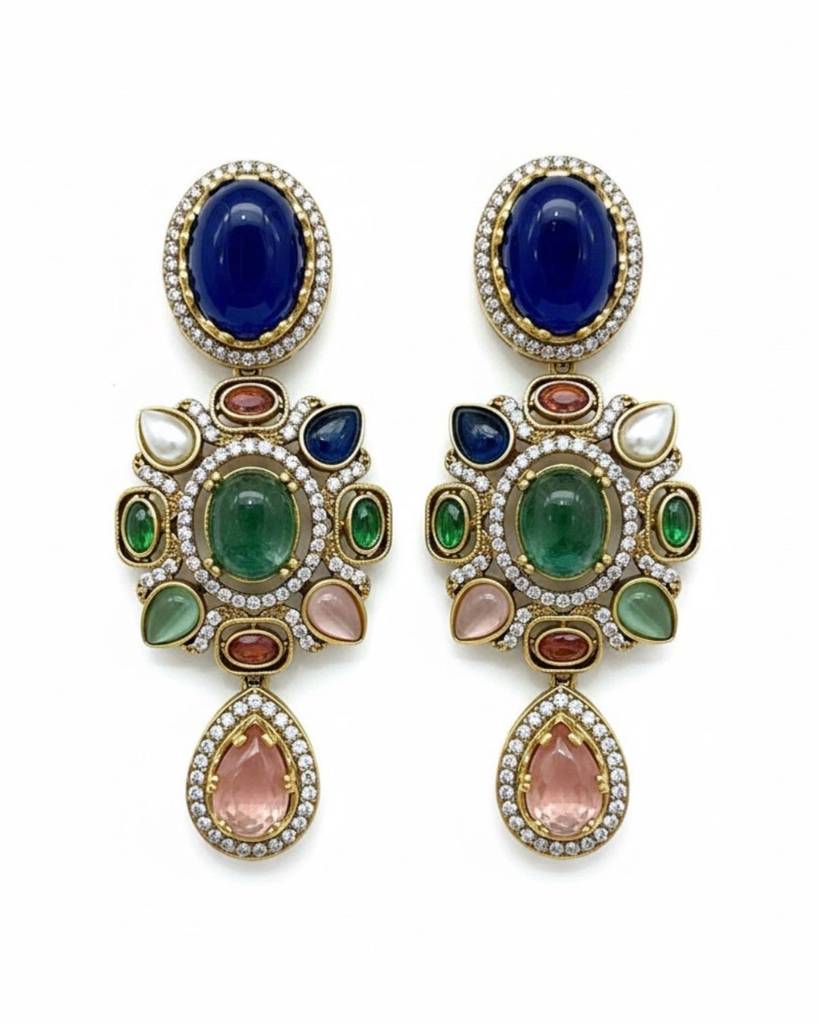 Navratna Mosaic Drop Earrings (Two-Tone Kundan Look) : sis44