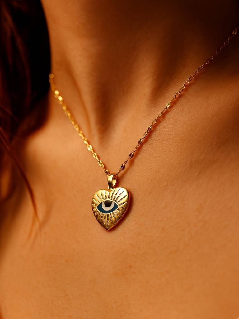 Evil Eye Heart Pendant Necklace In 14K Gold Plated Stainless Steel | Anti-Tarnish Cz Chain For Women : ATC567EEBPC