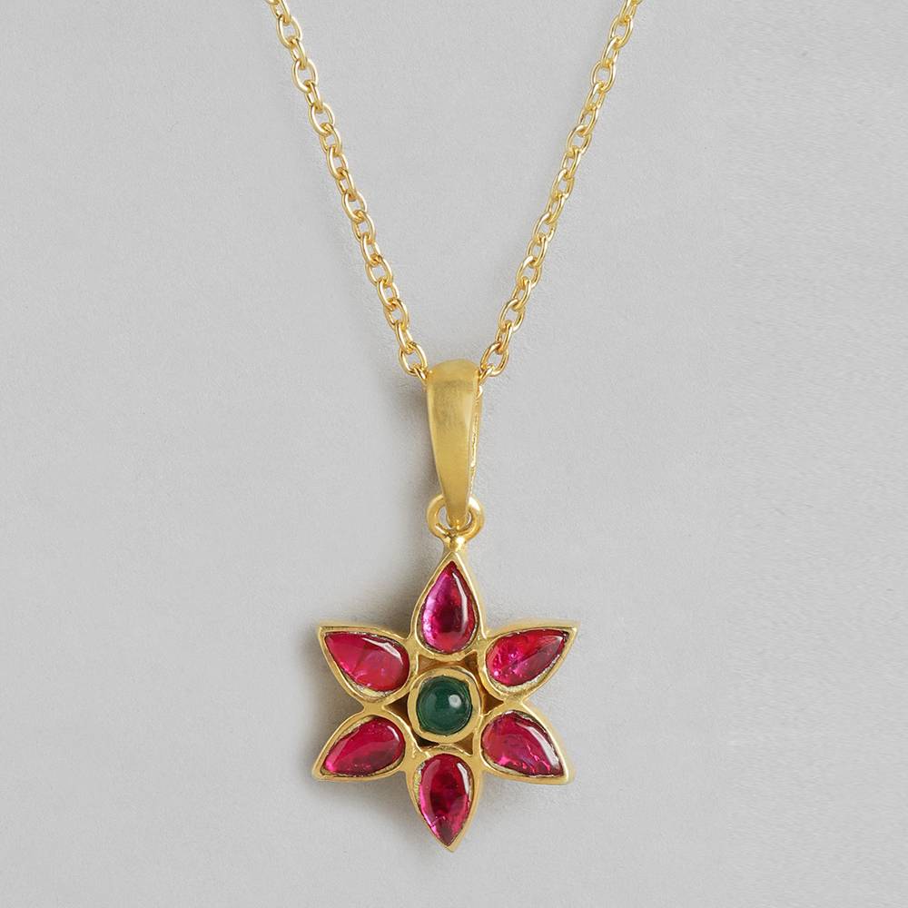 92.5 Silver Red Kundan Flower Necklace : 92.5 Silver Red Kundan Flower Necklace : U100SO007MY034
