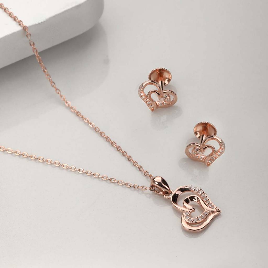 Rose Gold Nested Heart 925 Silver Jewellery Set : JS-70013-C-RG