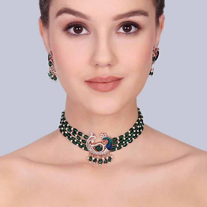 Traditional Peacock Design Cz Stone Beaded Choker Set : AD-935-RGGNNKER