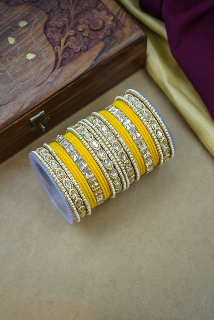 Premium Velvet Bangles Set – Wedding & Party Wear : HJ-28-24-YELLOW