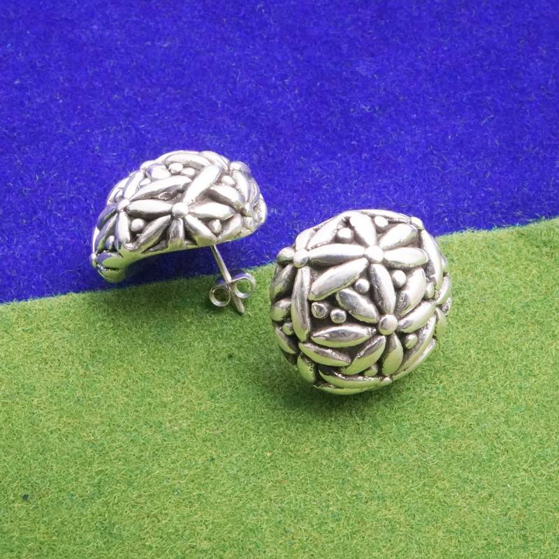 925 Pewter Floral Bead Studs Earrings | Mini Antiqued Silver Round Flower Studs : TWP1164