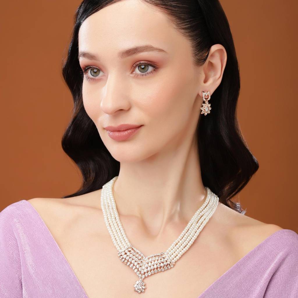 Estele Rose Gold Plated Sparkling Necklace Set With Crystals For Women