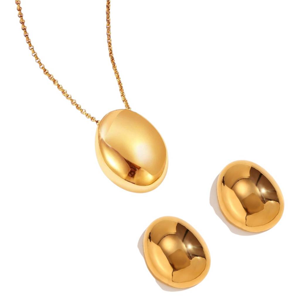 18K Gold Plated Waterproof Anti-Tarnish Bold Chunky Oval Pendant And  Earrings Set Gold Stainless Steel