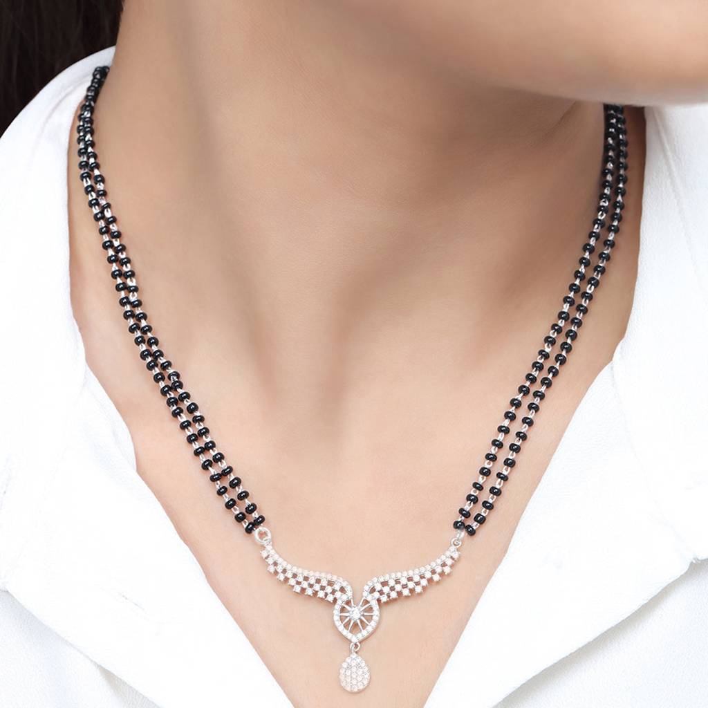 Double Layered Wings Rhodium Plated 925 Sterling Silver Mangalsutra : MGS-10092-C-R