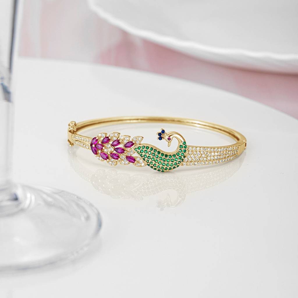 Feathered Fantasy Gold Plated 925 Sterling Silver Peacock Bracelet : BR-80176