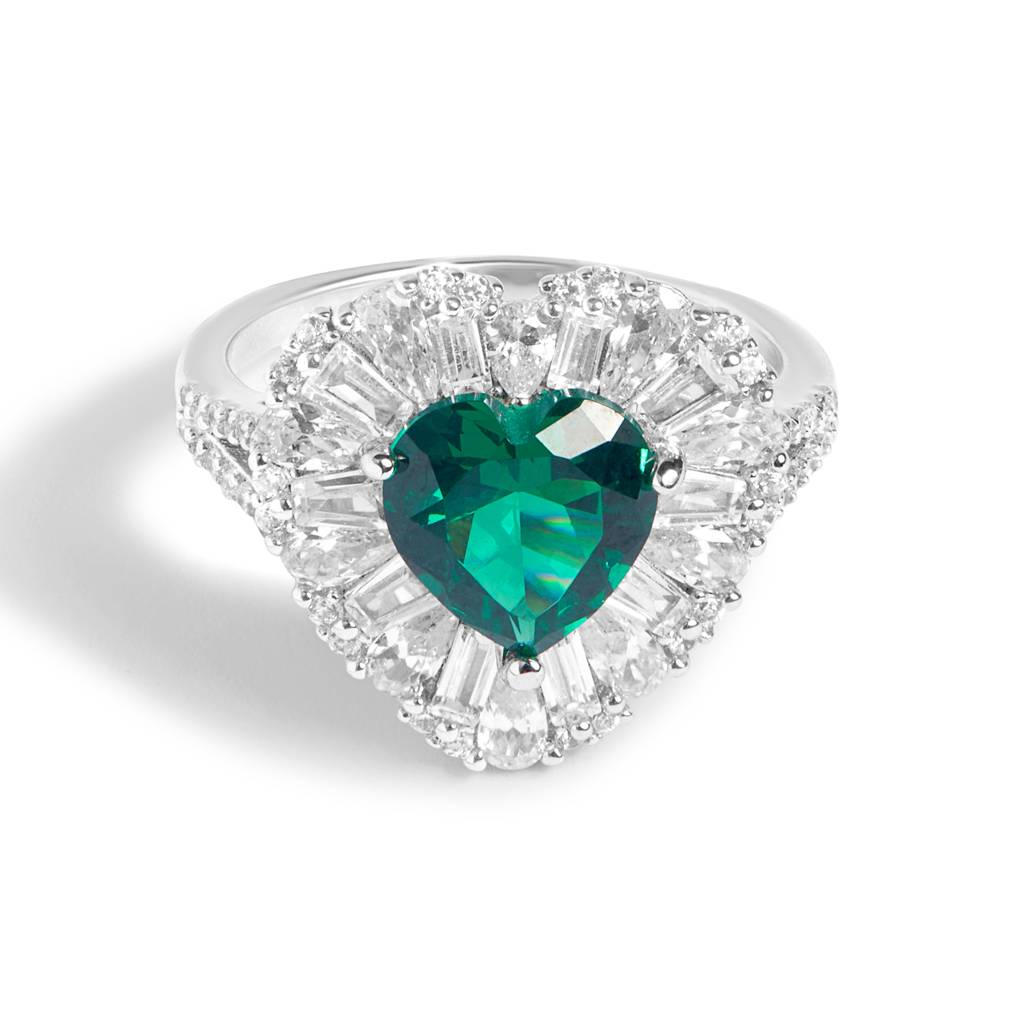 Silver Heart Emerald And Diamond Ring : R016-WH-E-12