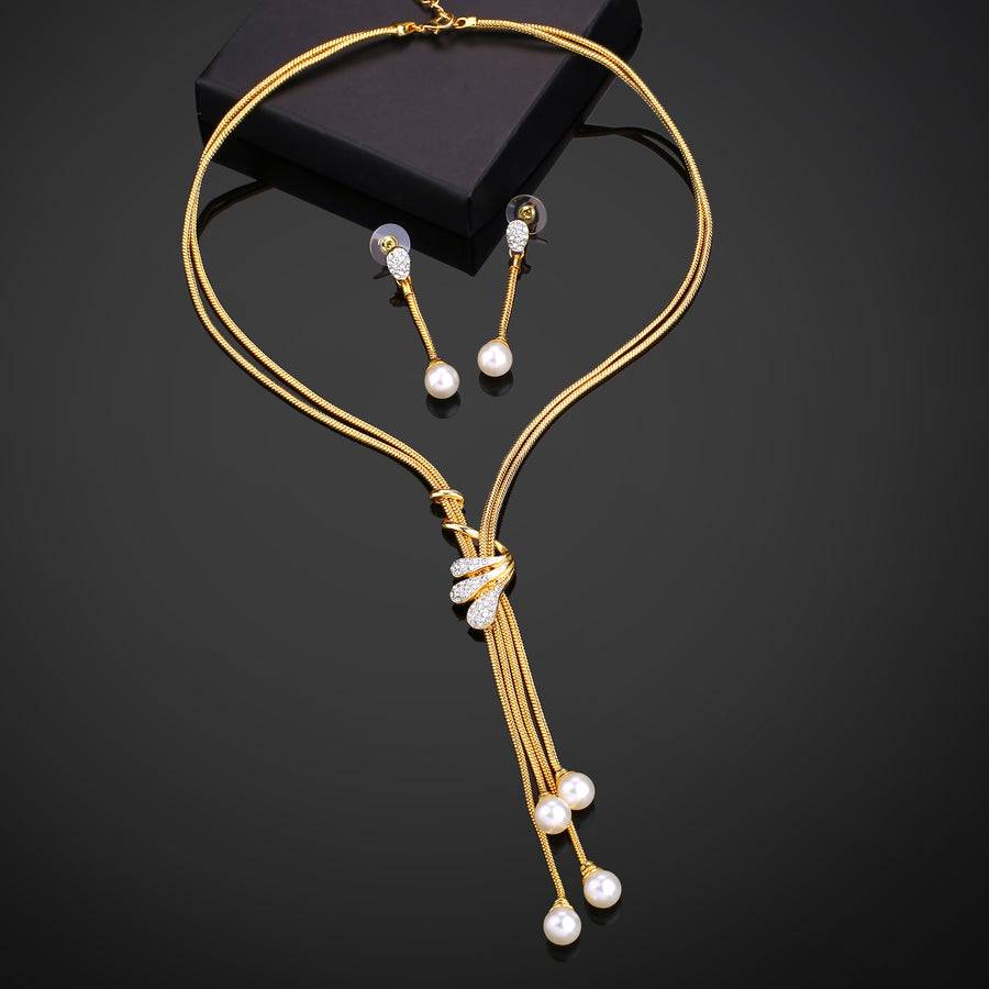 Estele Gold Plated Trendy Pearl Tassel Necklace Set For Women : 7099NKER
