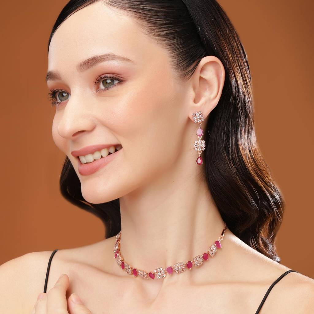 Estele Rose Gold Plated Cz Trendy Designer Necklace Set With Pink Crystals For Women