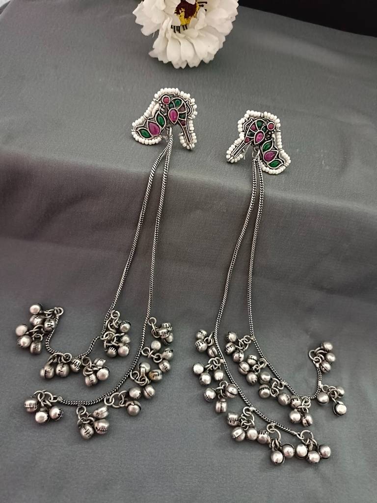 Kundan Studded & Ghungroo Beaded Tasselled Peacock Drop Meenakari Earrings : VS105315