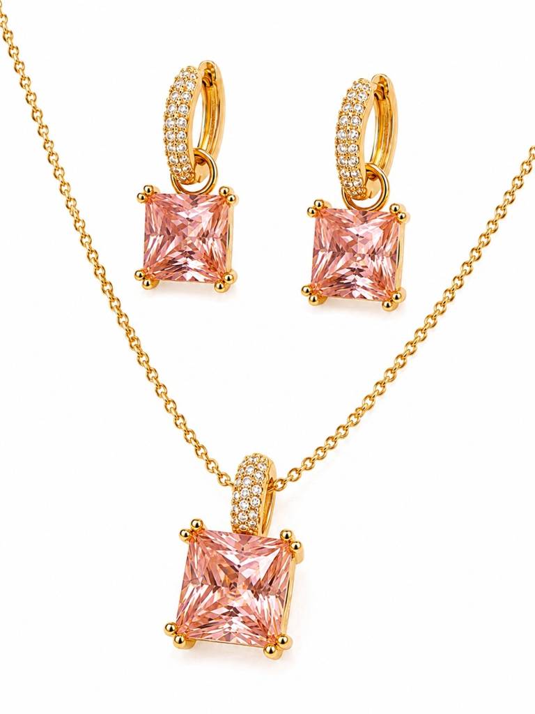 Square-Cut Pendant Necklace & Huggie Earring Set : SET1007PQSD