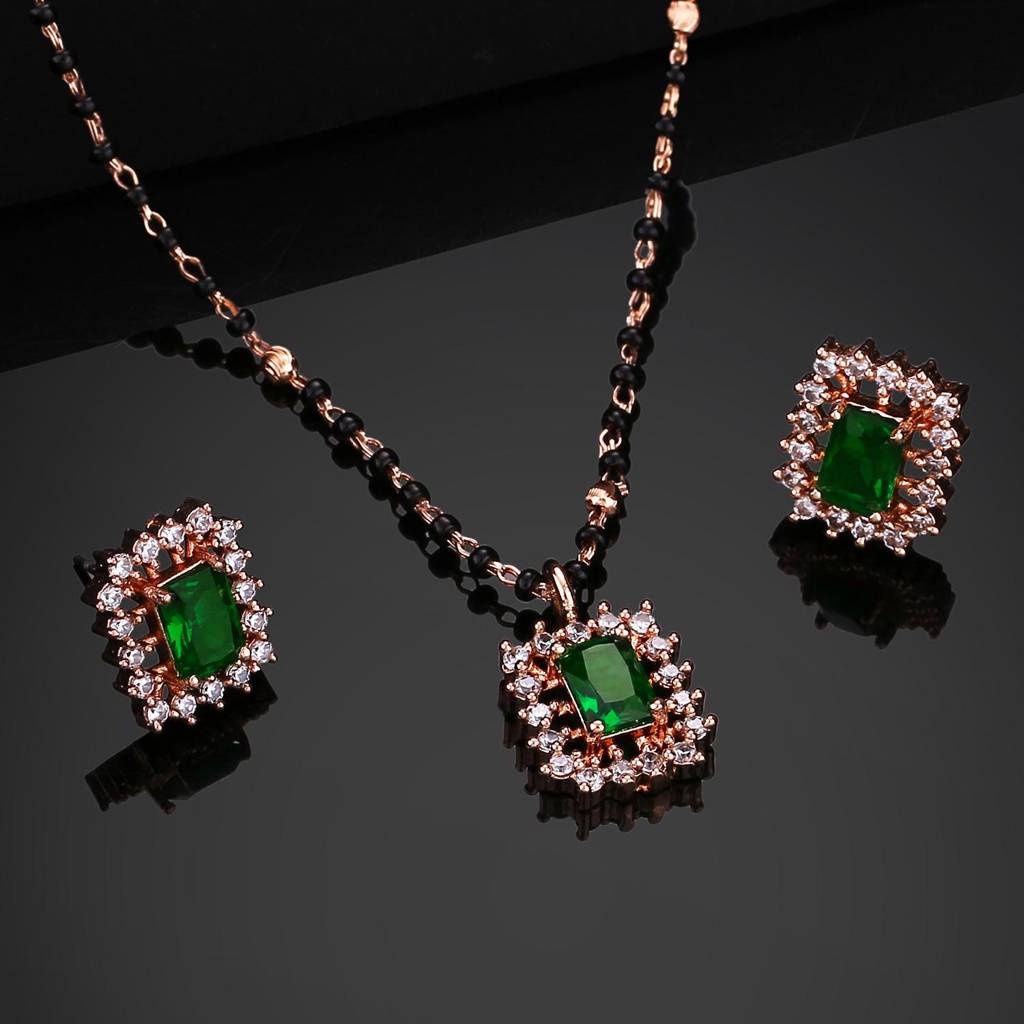Estele Rose Gold Plated Cz Square Designer Necklace Set With Emerald Stones For Women