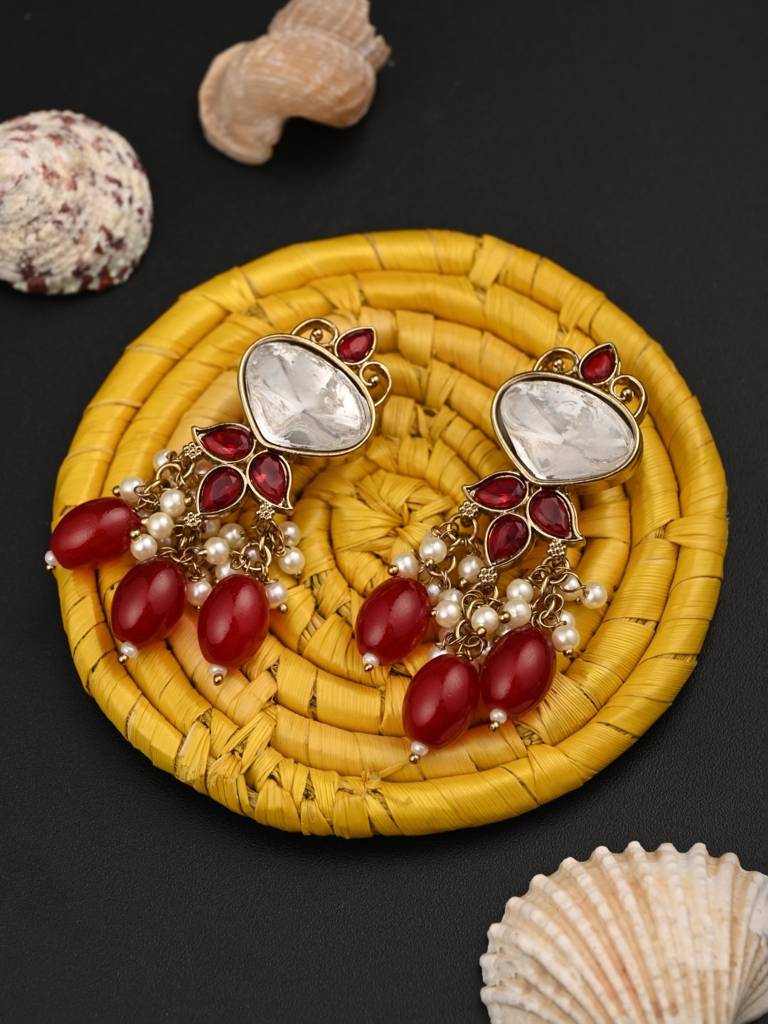 Gold Plated Kundan & Pearl Drop Earrings : S24FAER410RED
