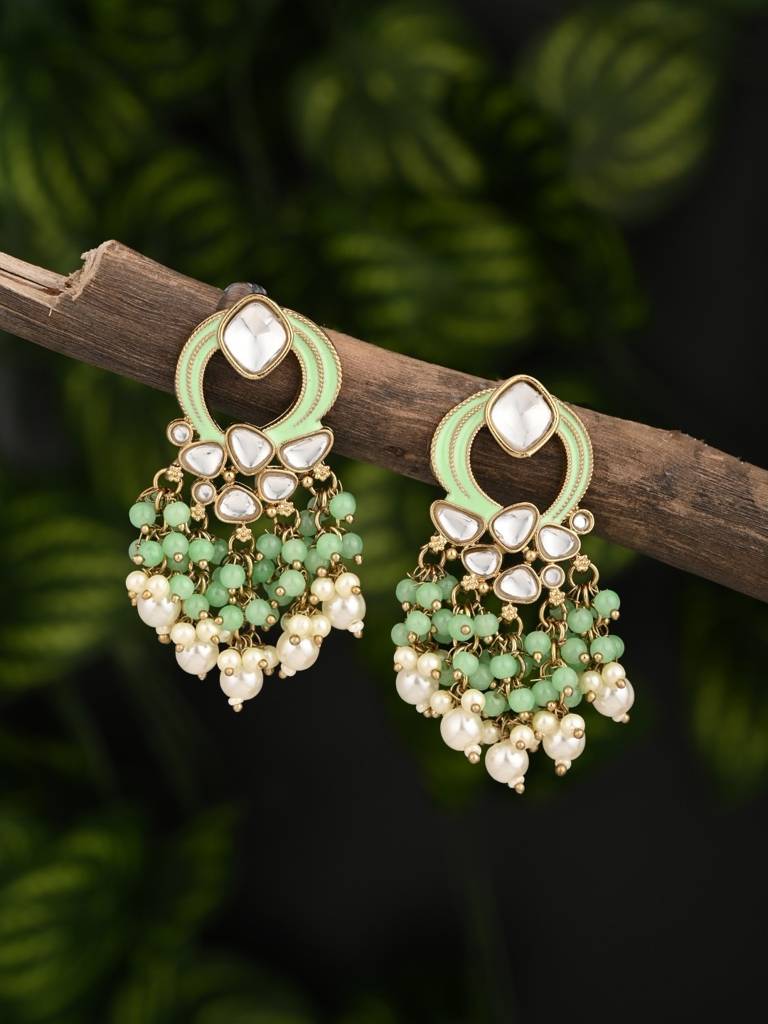 Gold-Plated Meenakari Stud Earrings With Kundan & Pearl Cluster Drops : S24FAER408SGR