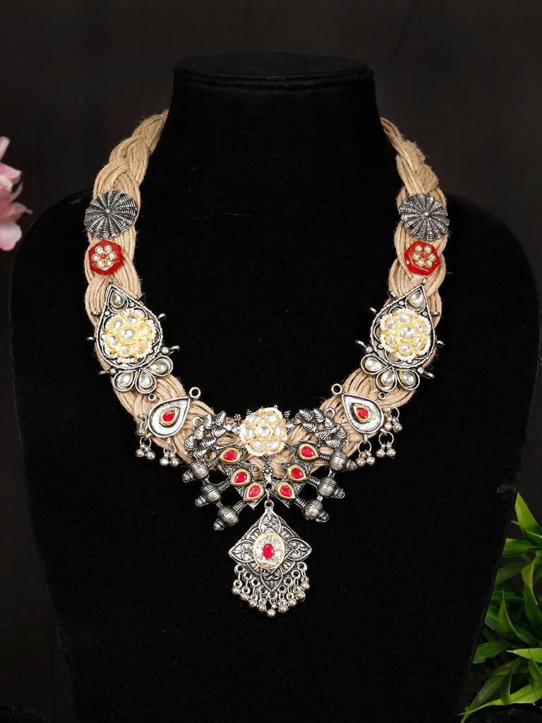Silver-Plated Meenakari Work Antique Design Oxidised Bohemian Jute Necklace : VI24NK0014