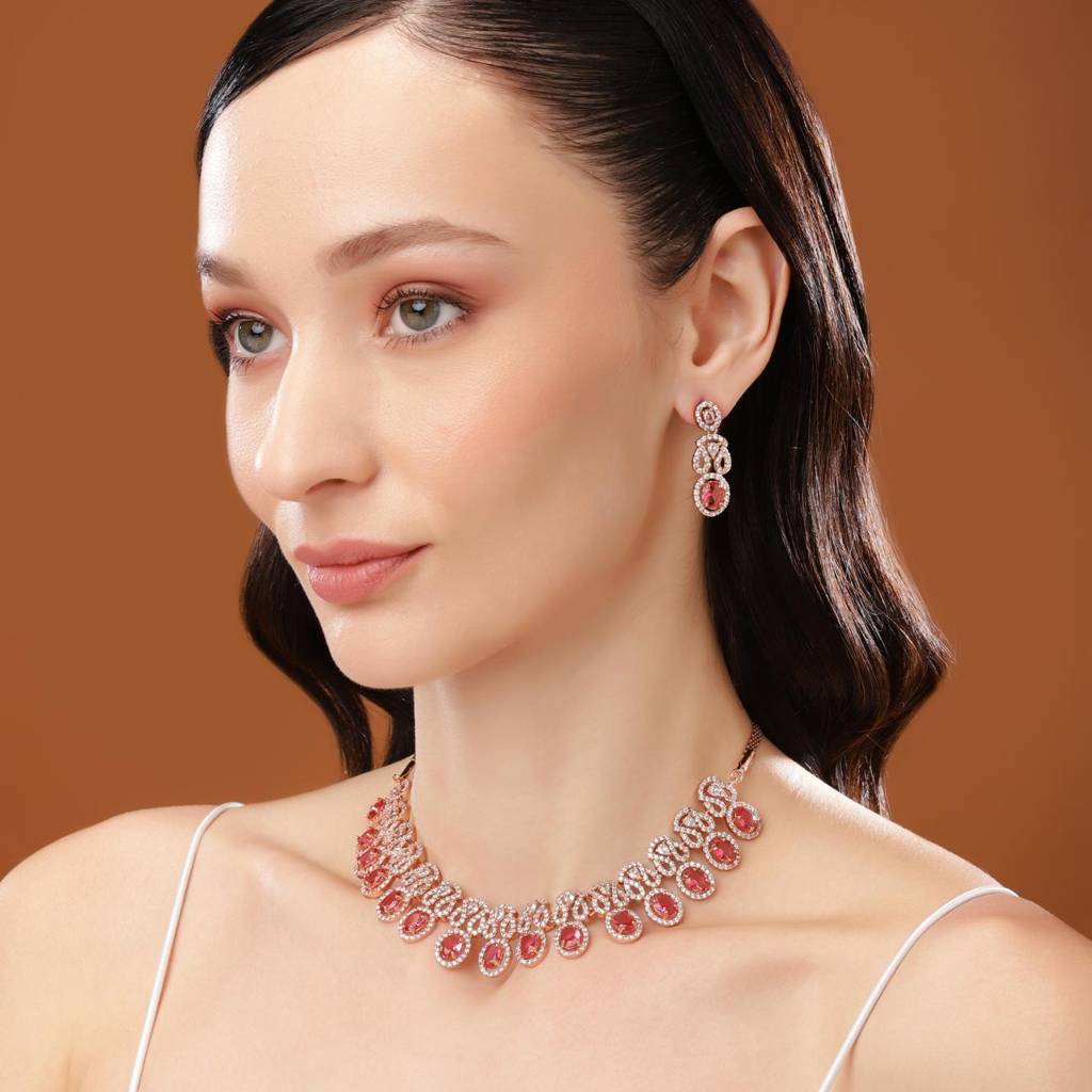 Estele Rose Gold Plated Dazzling Necklace Set With Ruby Stones For Women