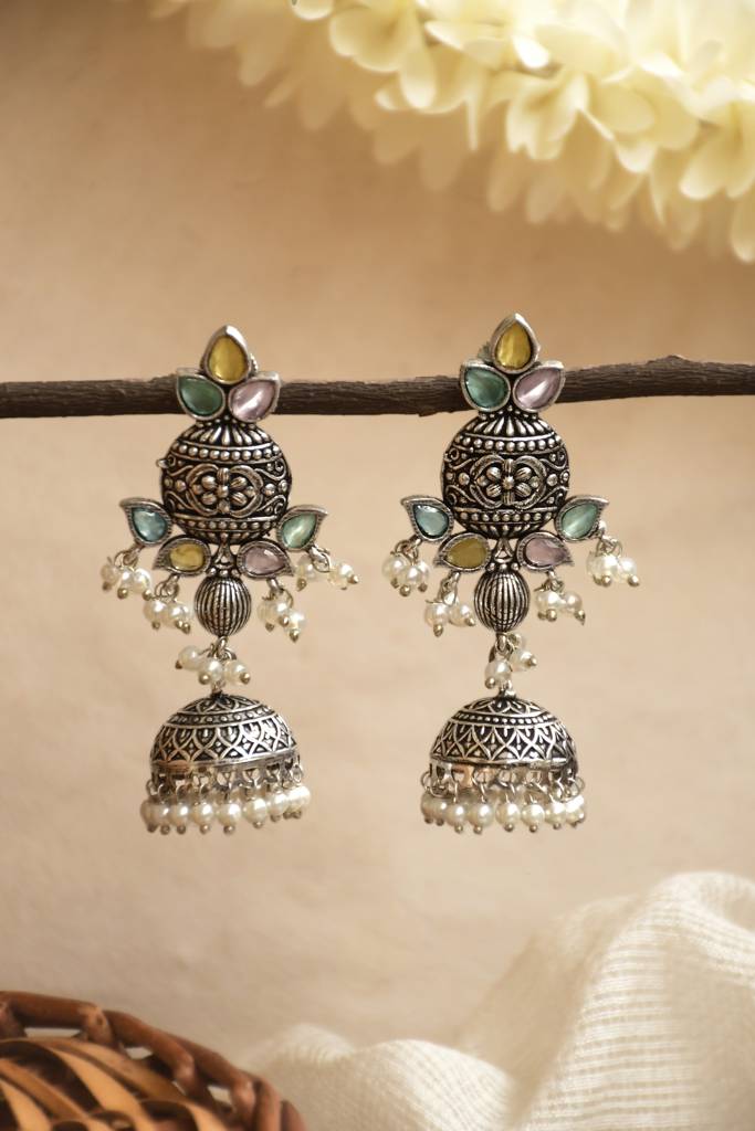 Oxidised Silver Aqua & Ruby Pearl Jhumkas : NA_ST_ER_231_3