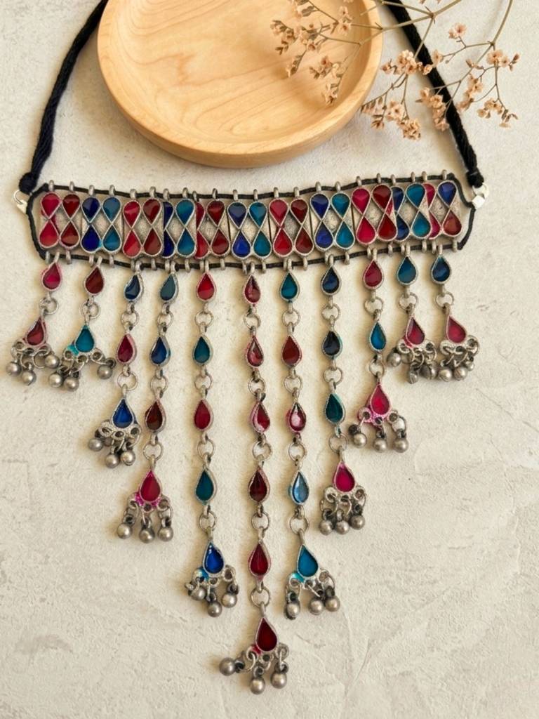 Oxidised Silver Multi-Colour Stone Choker Necklace : VI26NK0099