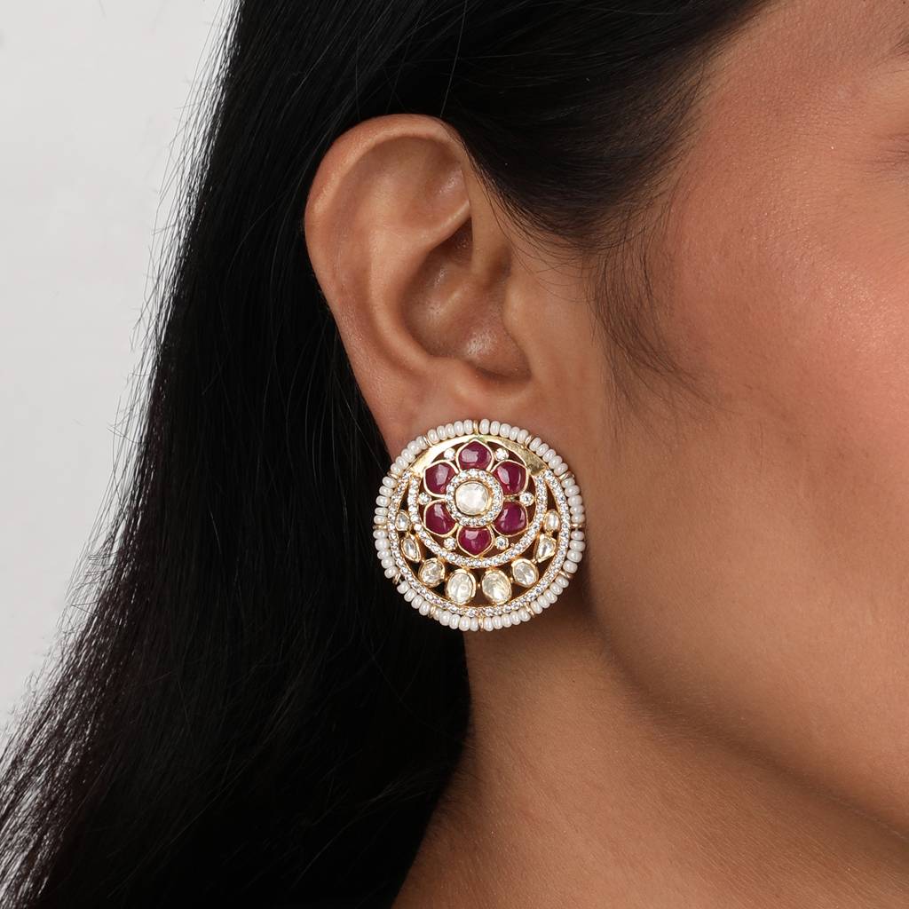 Moissanite Polki Faux Ruby Earrings : PJ1