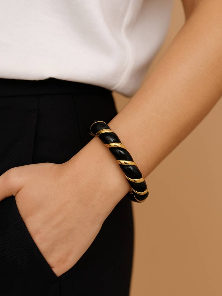 Black Enamel Striped Bracelet | 14Kt Gold Plated Italian Meenakari On Stainless Steel : ATB560BESB