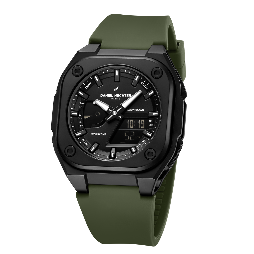 Paris Tech Collection Analog-Digital Sports Watch For Men – Black Dial, Silicone Strap, World Time & Countdown Ti : DHM1071-03