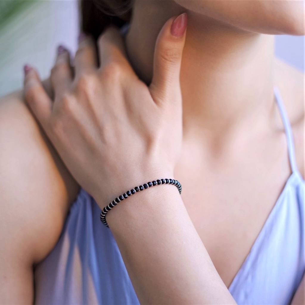 Black Bead Charm 925 Silver Bracelet In Silver Chain : BR-80064