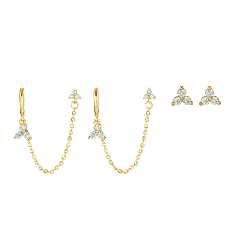 18K Gold Plated Anti-Tarnish White Zircon Ear Chain Earring Set : AWU0125E436