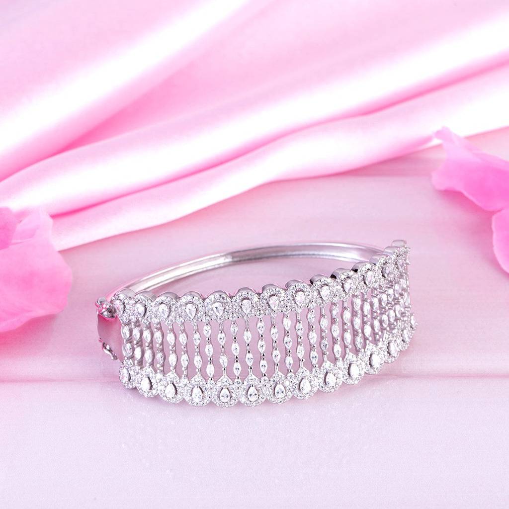 Cubic Zirconia Oval Rhodium Plating 925 Sterling Silver Bracelet : BR-80355-R