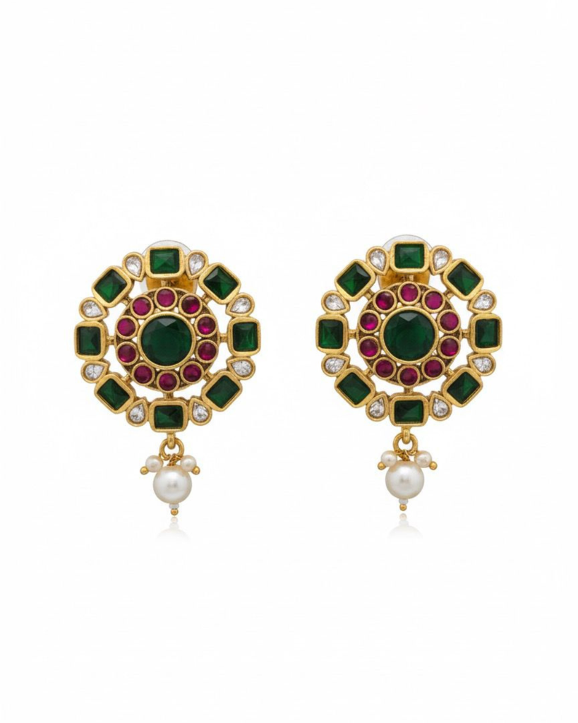 Emerald Ruby Kundan Round Studs With Pearl Drop : sis24