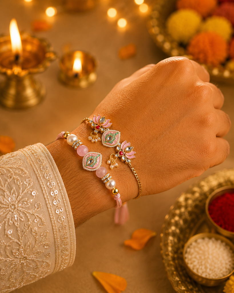 Pastel Pink Lotus Meenakari Kundan Adjustable Chain & Thread Rakhi Set (Pack Of 2) : MJRAKHI25