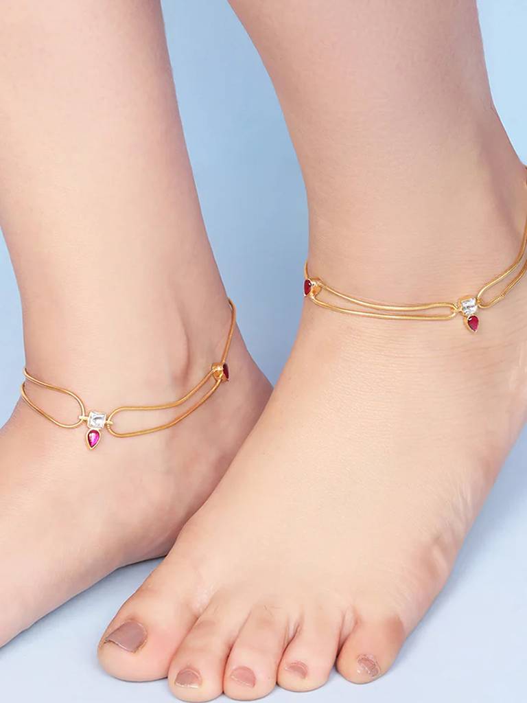Silver Double Chain Kundan Anklet : U080SO014LA0299