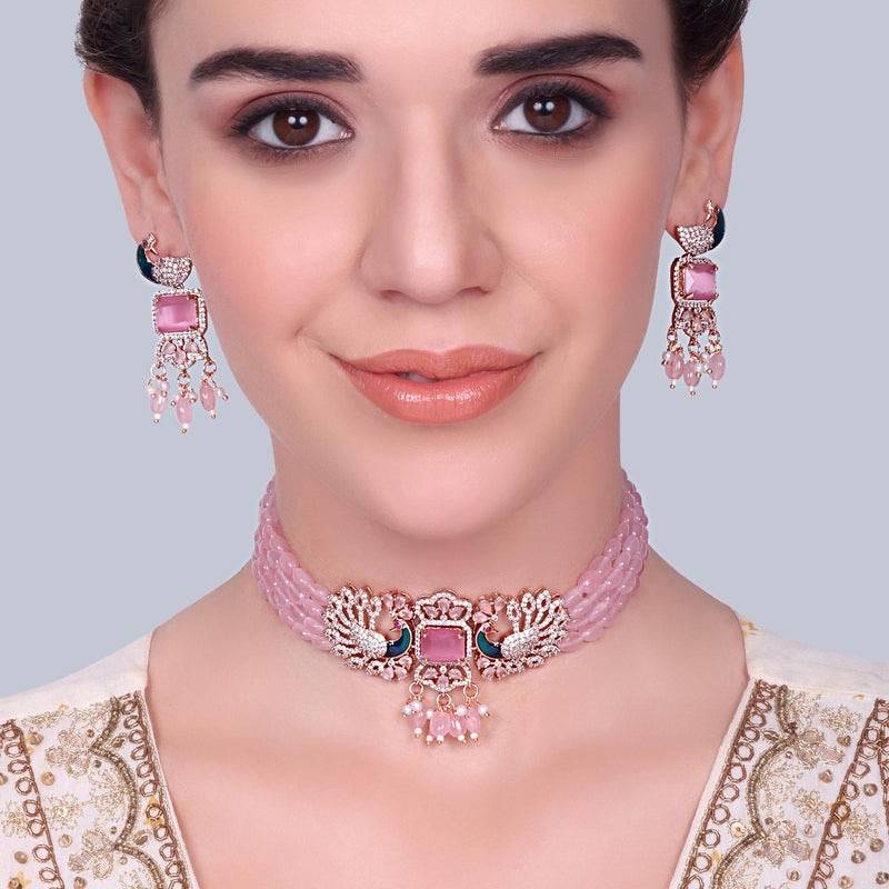 Luxury Rose Gold Finish Cz Multi String Choker Set – Bridal & Festive Wear : AD-934-RGMPNKER