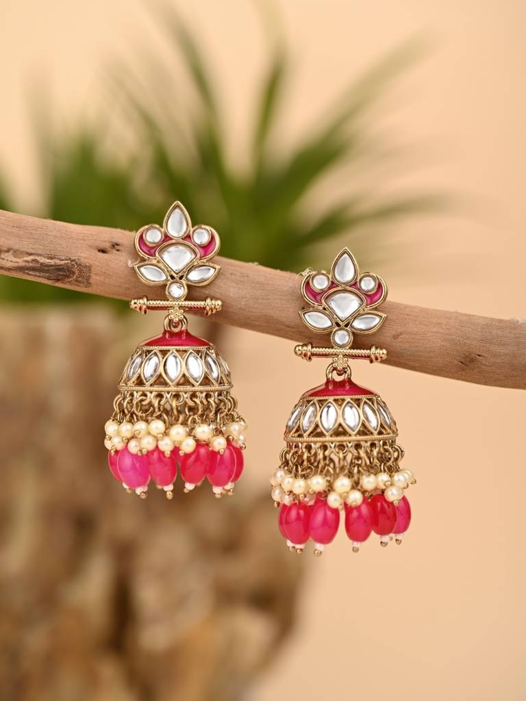Gold Plated Kundan & Meenakari Jhumka Earrings : S24FAER411PNK