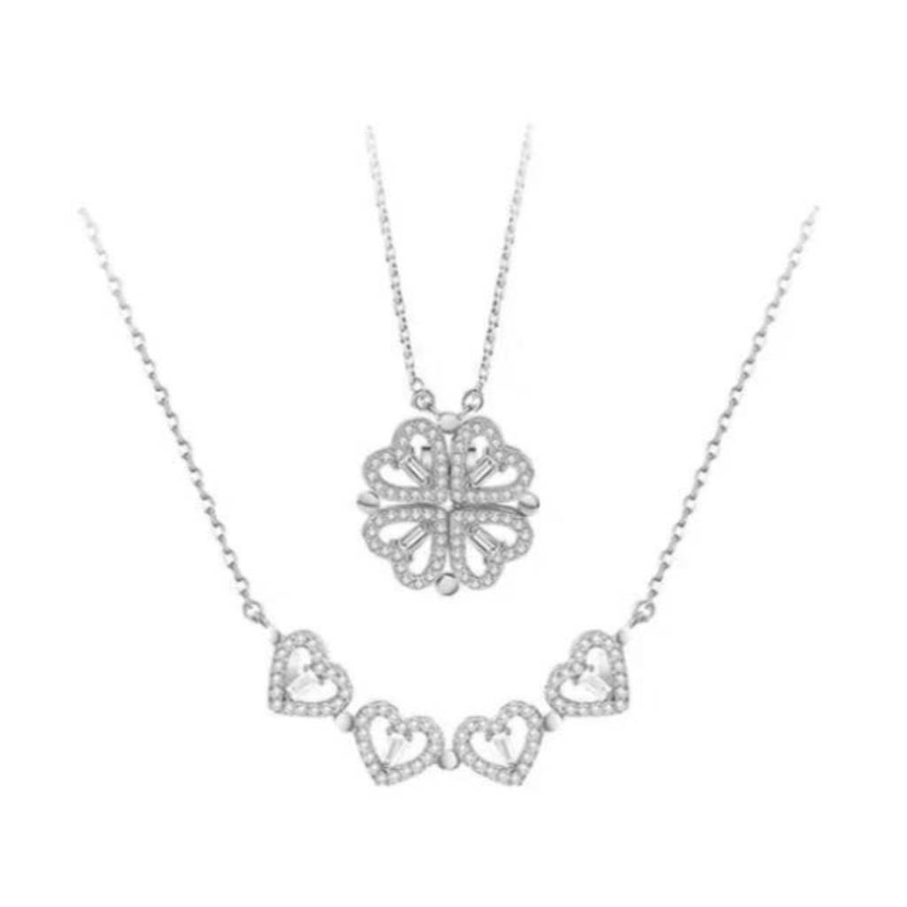 Magnetic Heart Flower Pendant Necklace : NC_SS_4hrt_slv