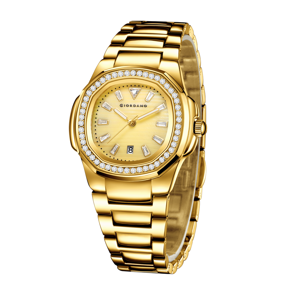 Giordano Luxury Watch For Women With Crystal Indices,Textured Dial, Stainless Steel Strap And Date Display : GZ-60116-33