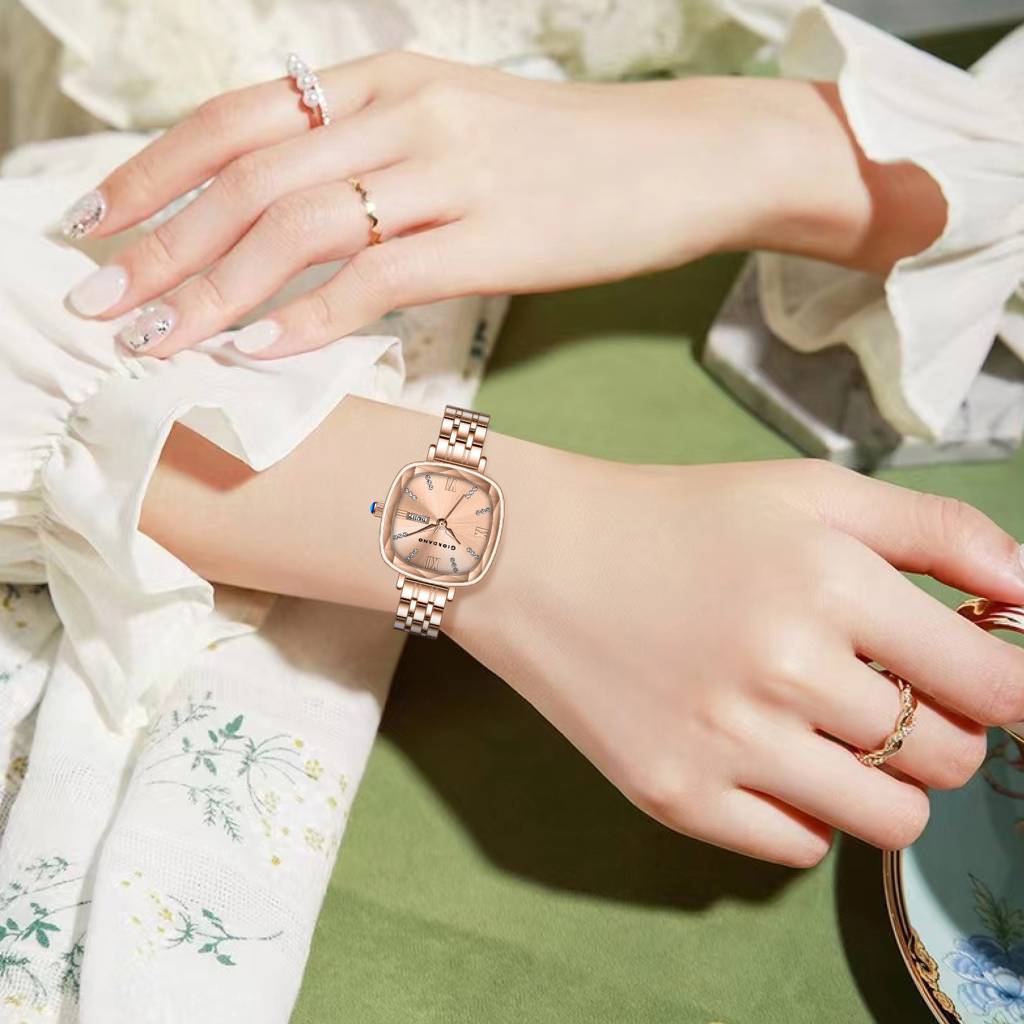 Giordano Elegant Square Rose Gold Watch For Women Â Crystal & Roman Hour Markers, Day-Date Display, Stainless  : GZ-60097-22