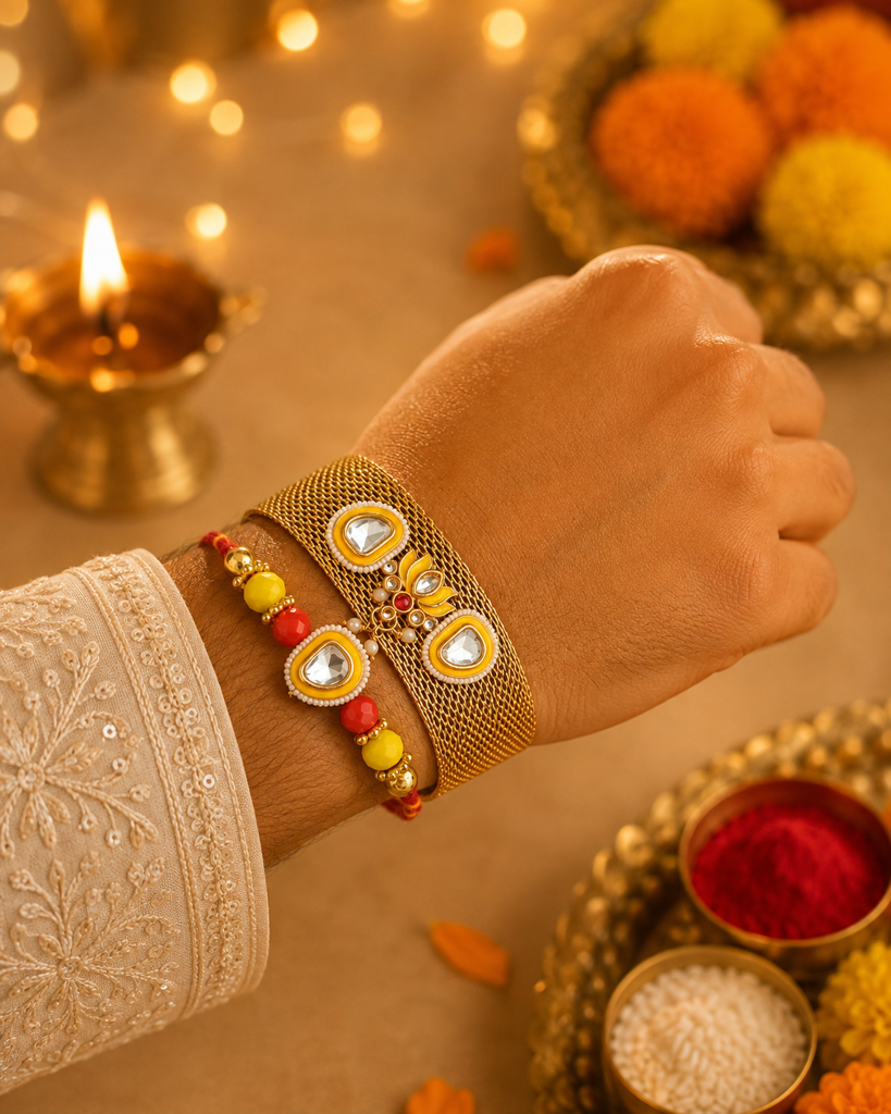 Yellow Meenakari Kundan Gold Mesh Cuff & Thread Rakhi Set (Pack Of 2) : MJRAKHI24